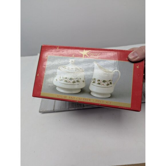 Porcelain Creamer Sugar Bowl Set "A Season Of Wonder" Christmas Holly Design - Picture 11 of 12